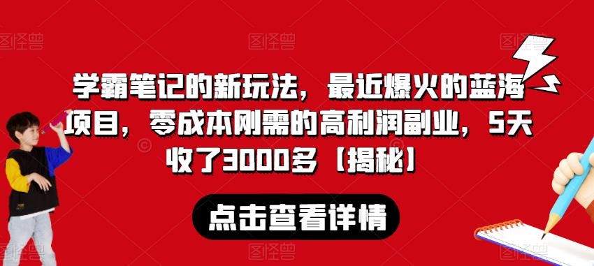 学霸笔记的新玩法，最近爆火的蓝海项目，零成本刚需的高利润副业，5天收了3000多【揭秘】-副业资源站 | 数域行者