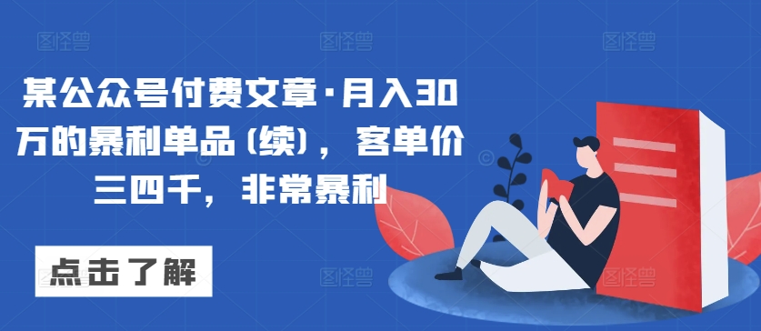 某公众号付费文章·月入30万的暴利单品(续)，客单价三四千，非常暴利-副业资源站 | 数域行者