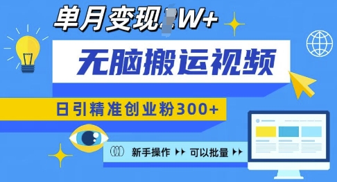无脑搬运视频号可批量复制，新手即可操作，日引精准创业粉300+，月变现过W 【揭秘】-副业资源站 | 数域行者