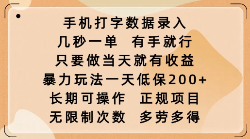 手机打字数据录入，几秒一单，有手就行，只要做当天就有收益，暴力玩法一天低保2张-副业资源站 | 数域行者